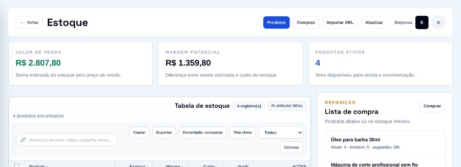 Tela de estoque do ERP: valor de venda, margem, tabela de produtos e lista de compra